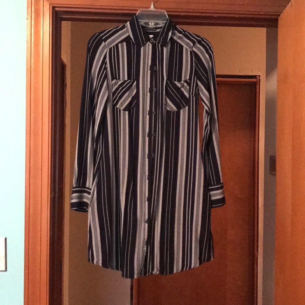 Navy/chambray stripe button down dress